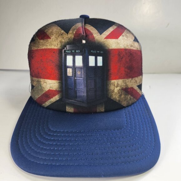 Dr Who Union Jack Police Telephone Booth Hat Cap Snapback Mesh Back BBC Blue - Picture 1 of 11